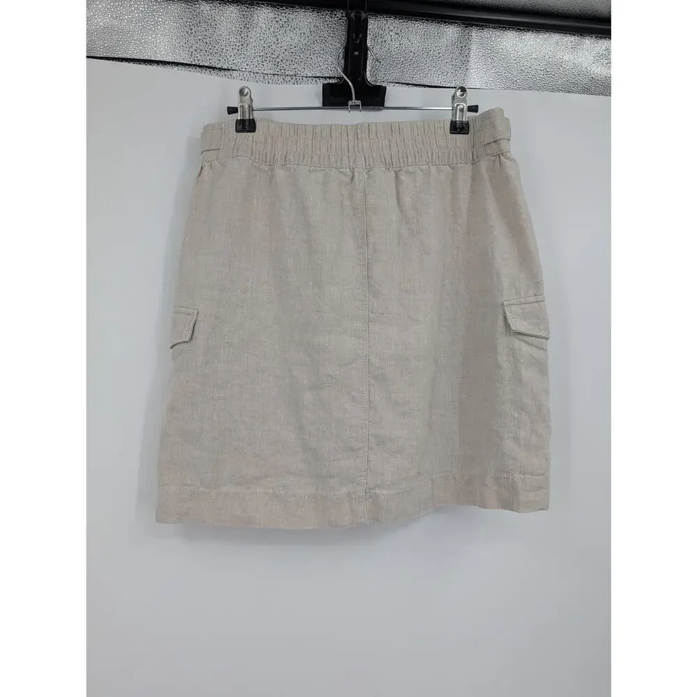 Athleta Voyager Size 6 Tan 100% Linen Zip Up Mini Skirt Adjustable Snap Pockets